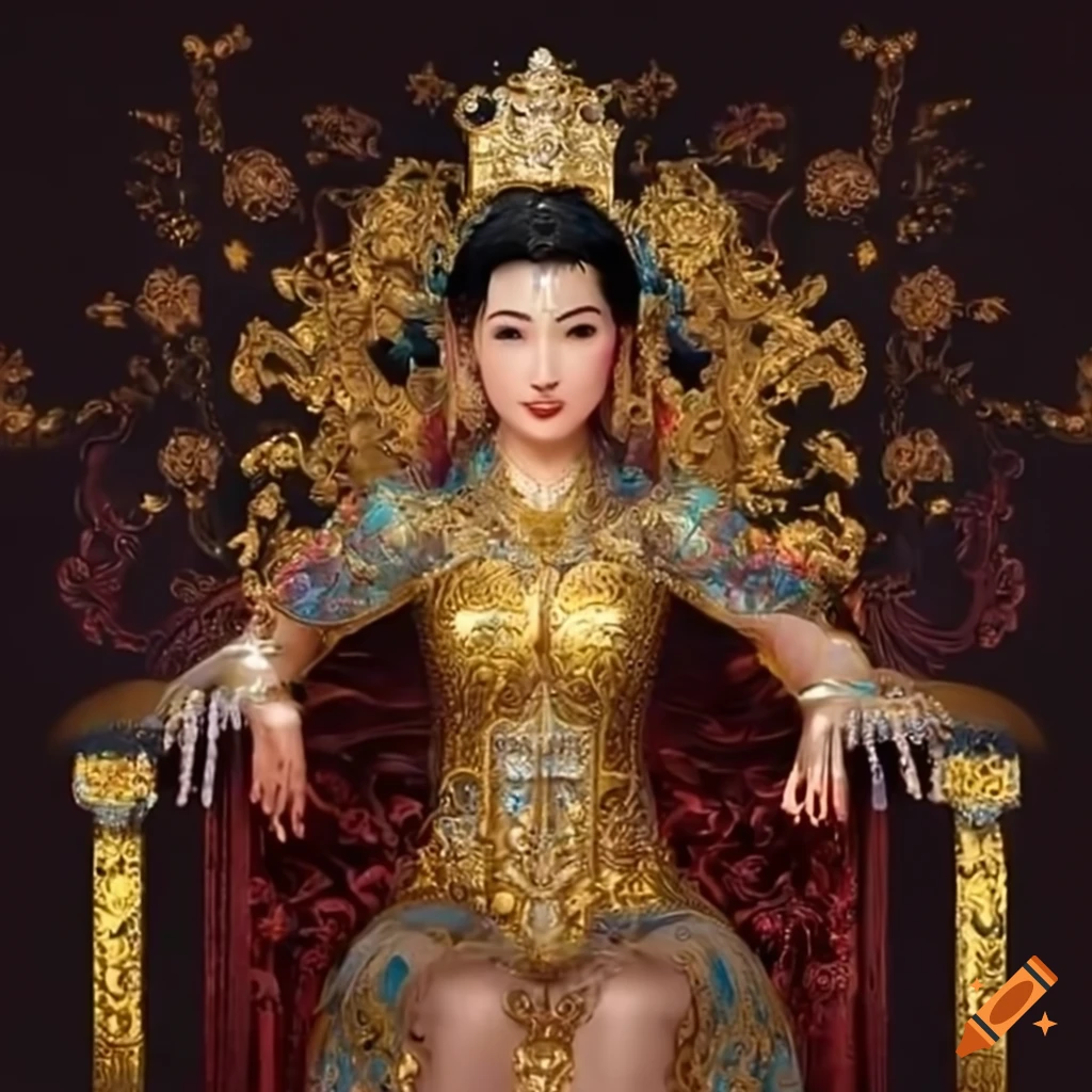 Beautiful asian queen surrounded by flowers and gold on Craiyon
