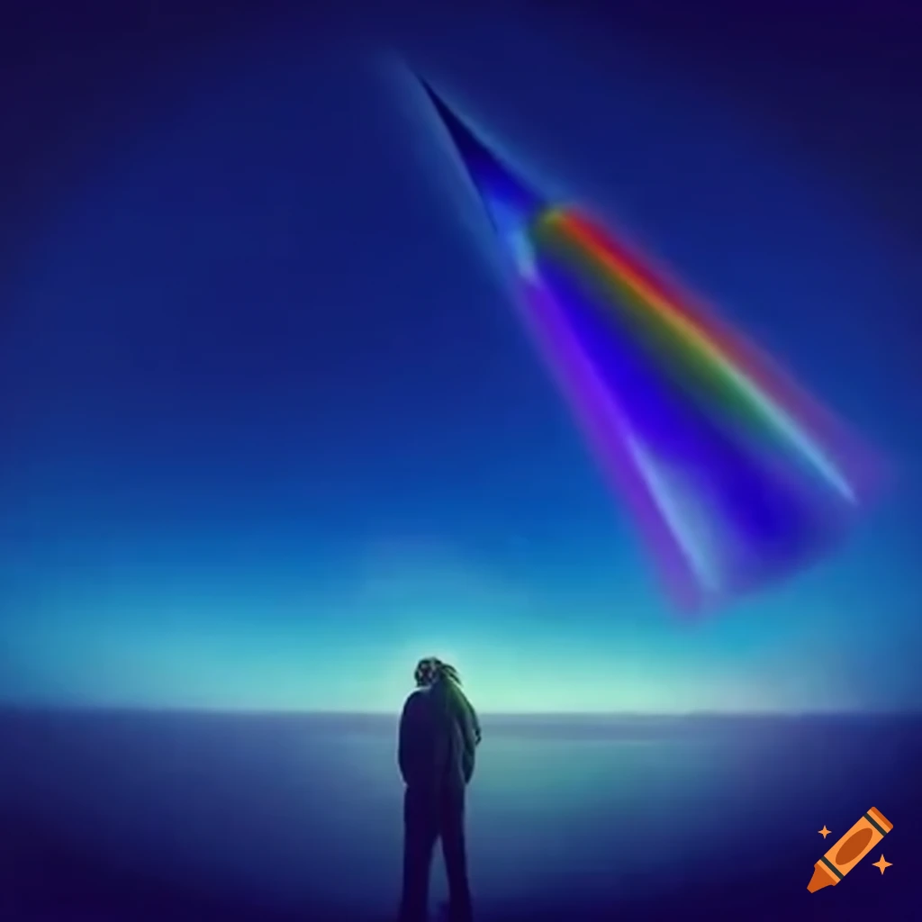 Artistic portrayal of pink floyd's prism rocket in the night sky