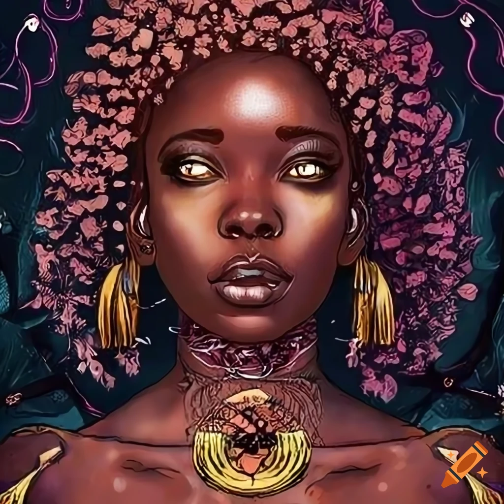 Illustration of a black girl in a tarot card on Craiyon