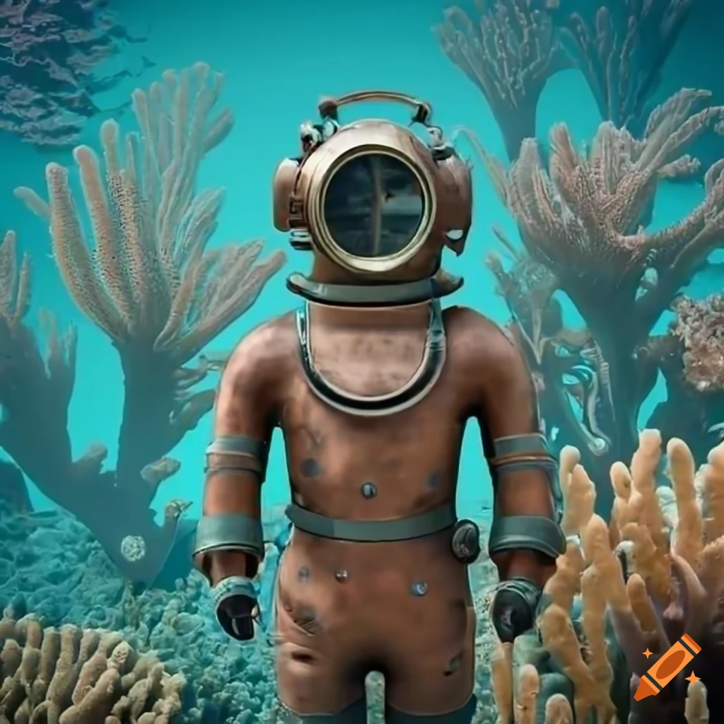 3d render of a copper diving suit among vibrant corals on Craiyon