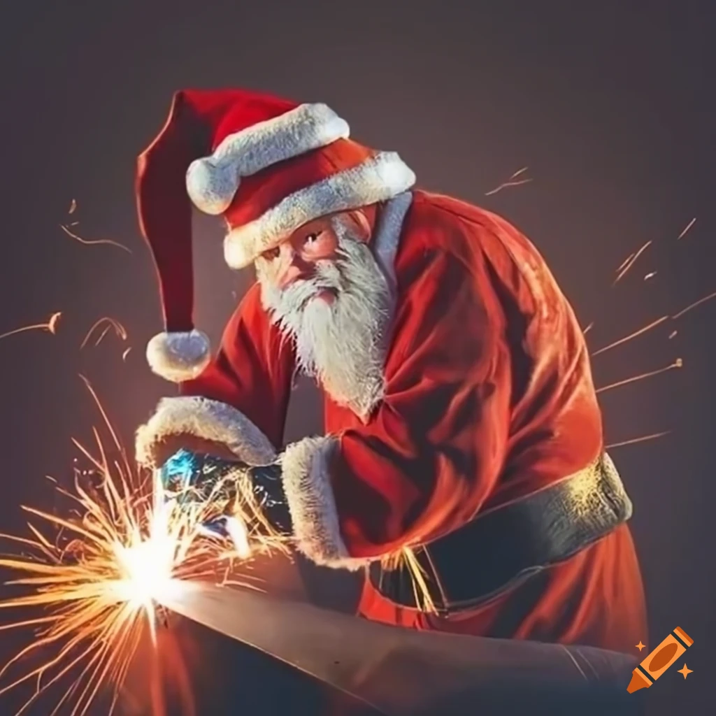 Santa claus welding a metallic christmas tree on Craiyon