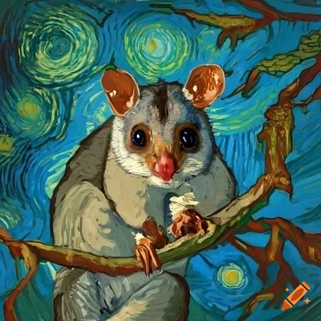 Van goghstyle painting of a brushtailed possum eating a nut