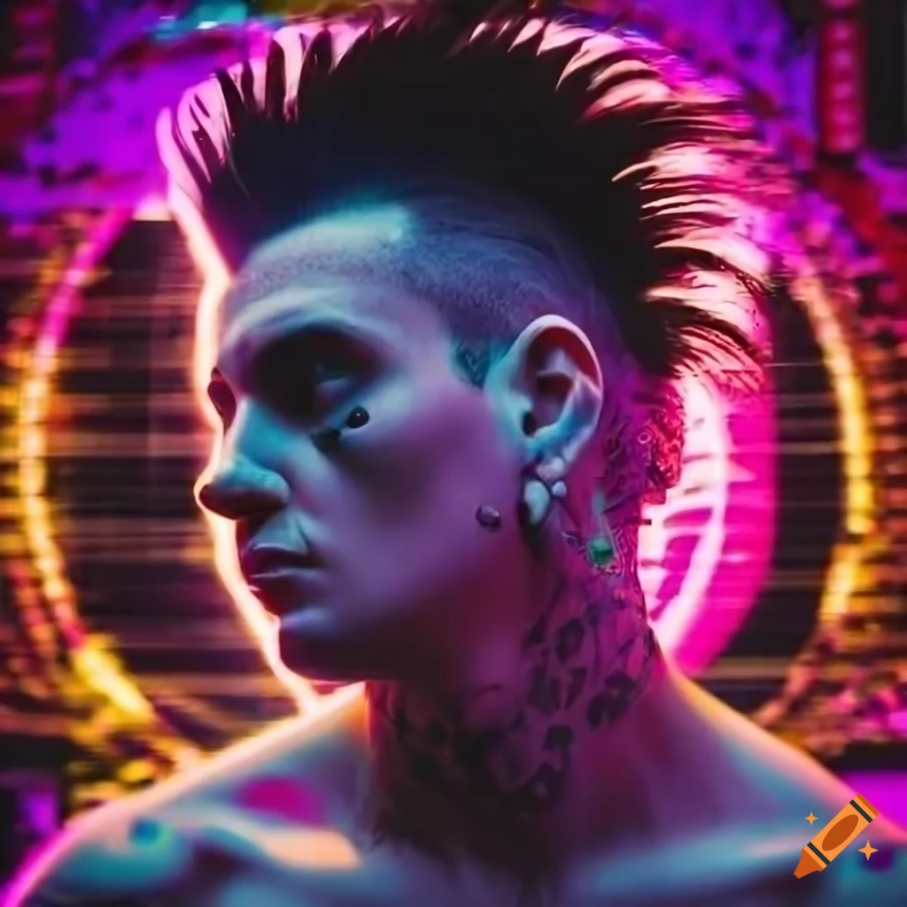 portrait of a man with a mohawk against a neon city backdrop