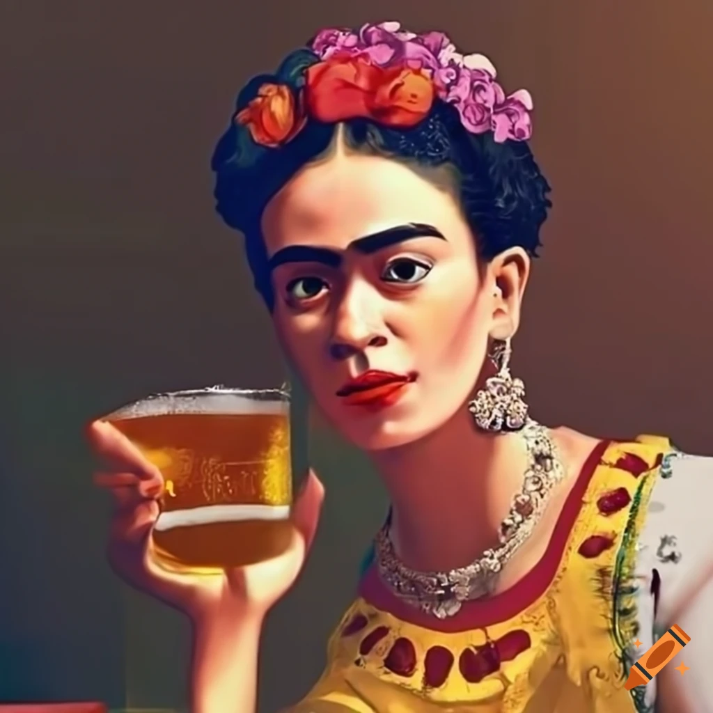 portrait of Frida Kahlo with a beer