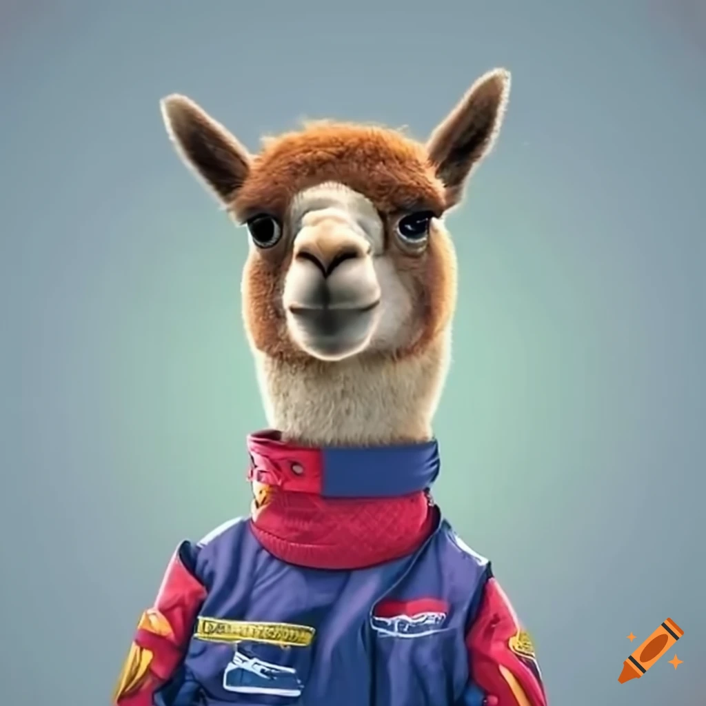 alpaca in a racing suit sitting in a race car