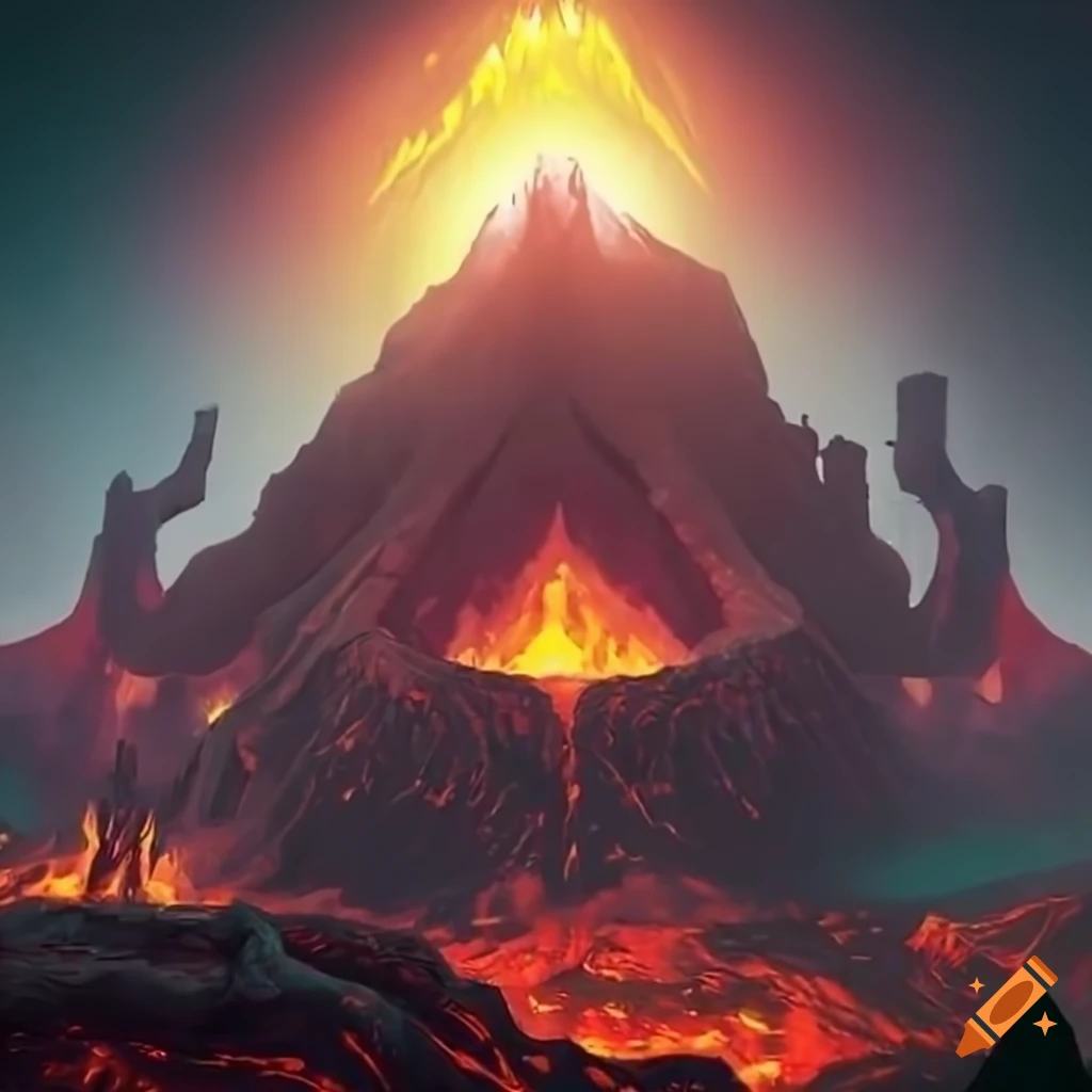 concept art of a fiery volcano crater