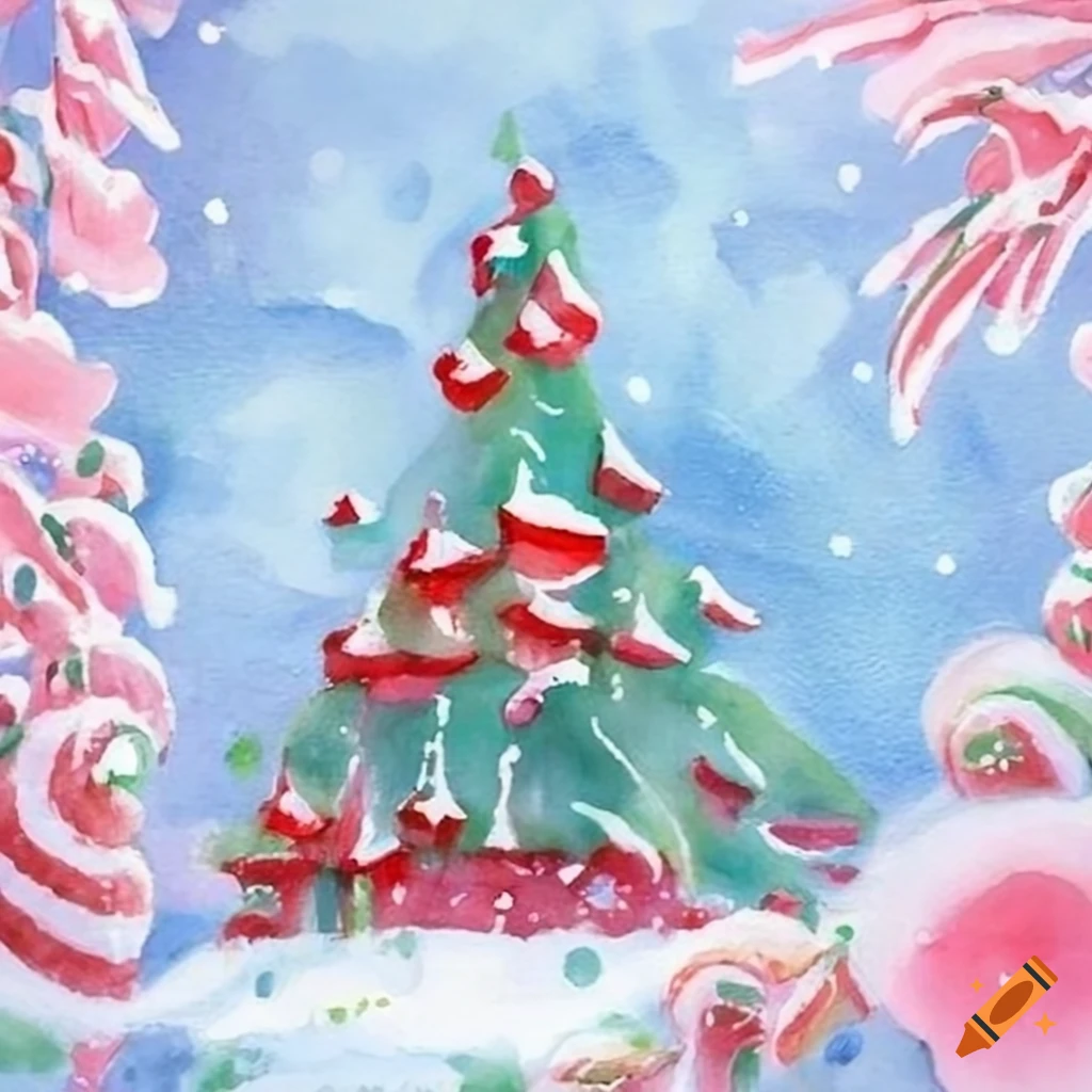 watercolor Christmas card with candyland gumdrop castle