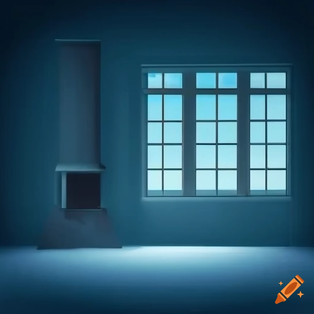 Empty room with chimney and snowy landscape outside on Craiyon