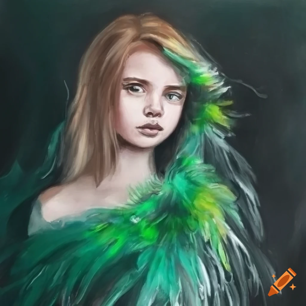 Stunning oil pastel portrait of a girl with flowing feathers dress