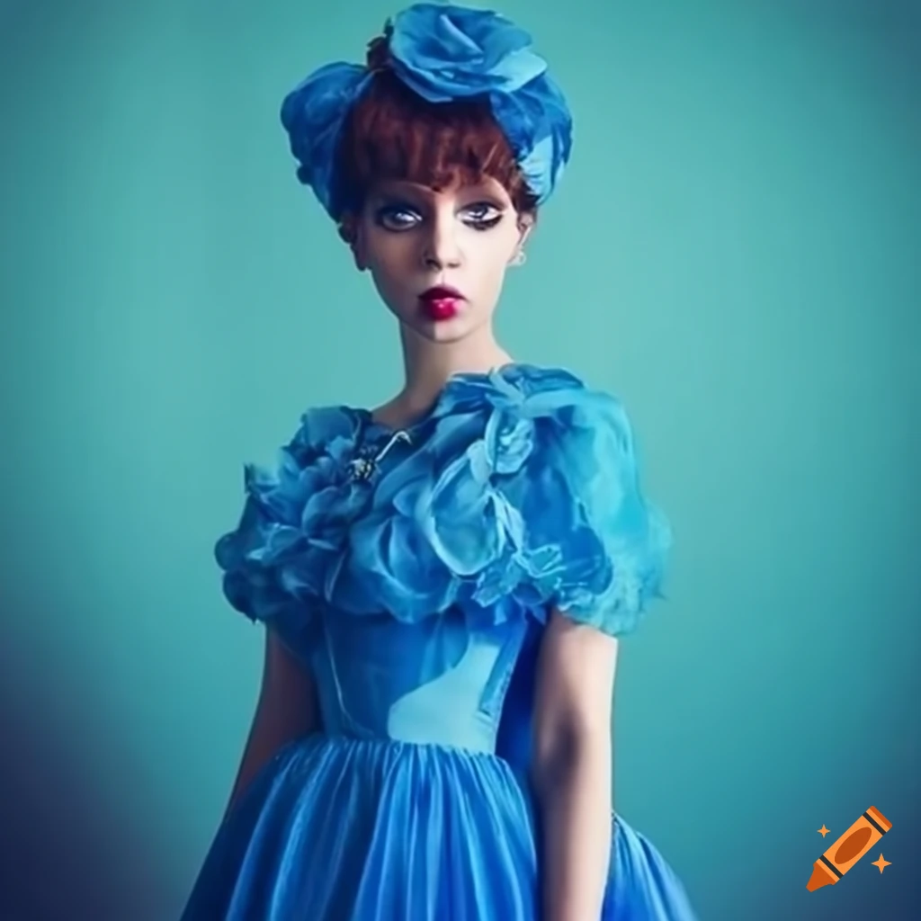 Side view of a vintage-inspired blue dress on Craiyon