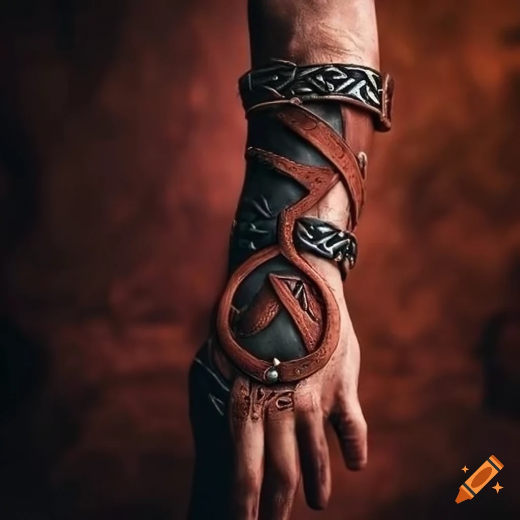 leather viking arm accessory with red runes