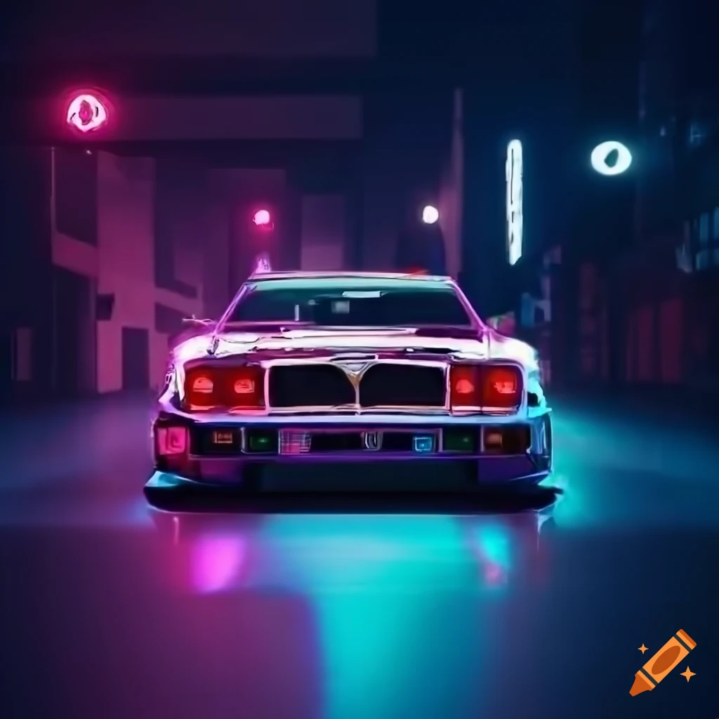 Cyberpunk vintage car with neon lights