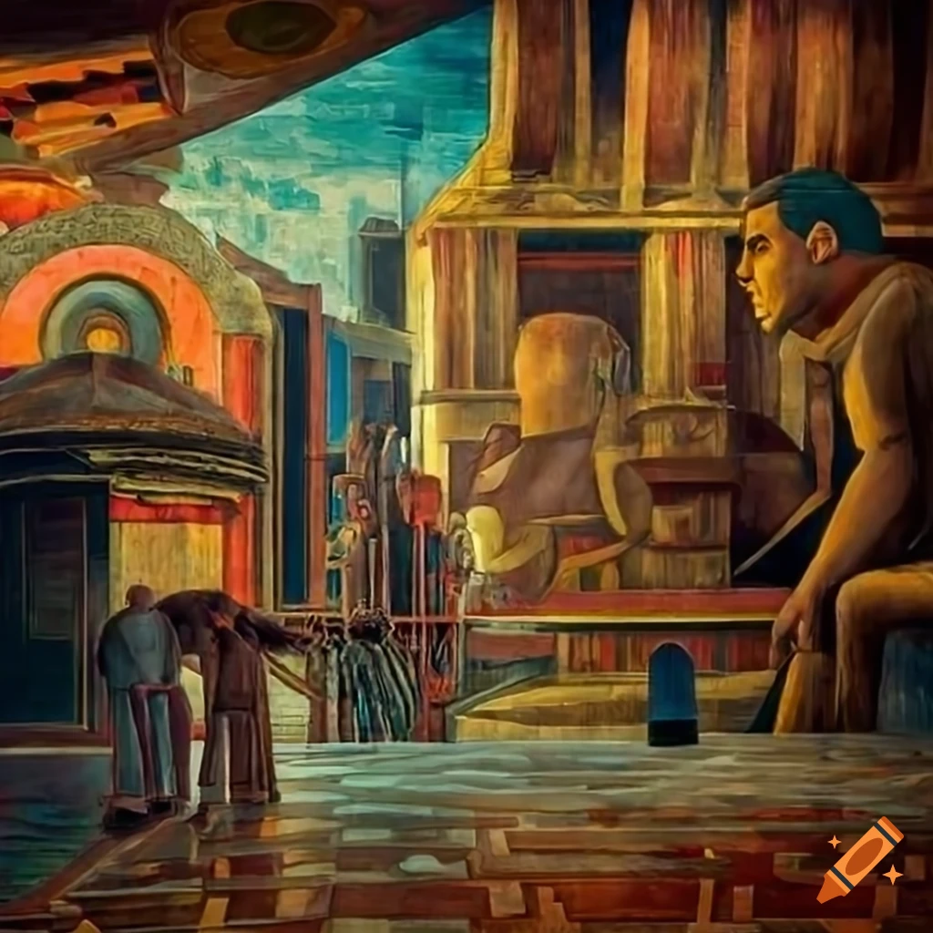 Wide mural inspired by H. G. Wells' "The Time Machine" on Craiyon