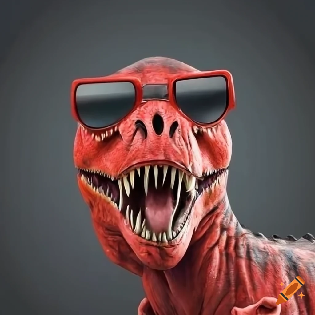 Portrait of a red t-rex wearing sunglasses