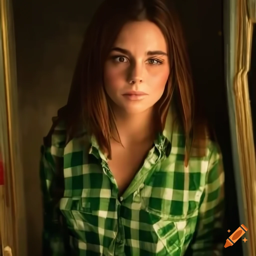 photorealistic image of a young actress in a plaid shirt and leather pants