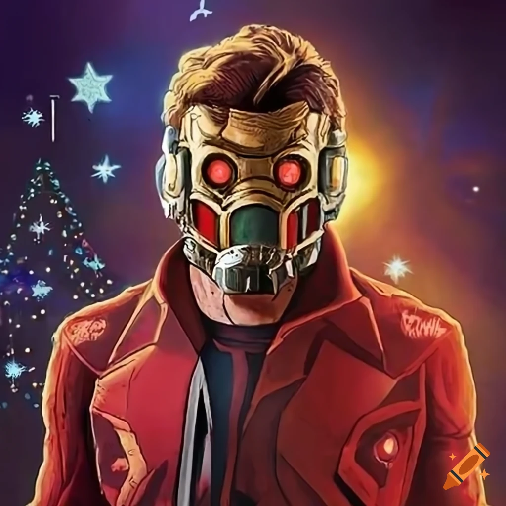 Star lord decorating a christmas tree in norman rockwell style