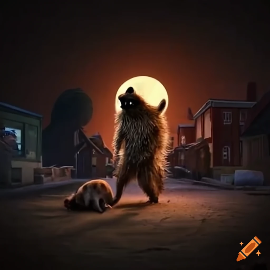 raccoon causing chaos in a moonlit town