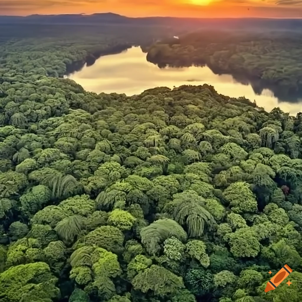 helicopter flying over lush Brazilian jungle at sunset