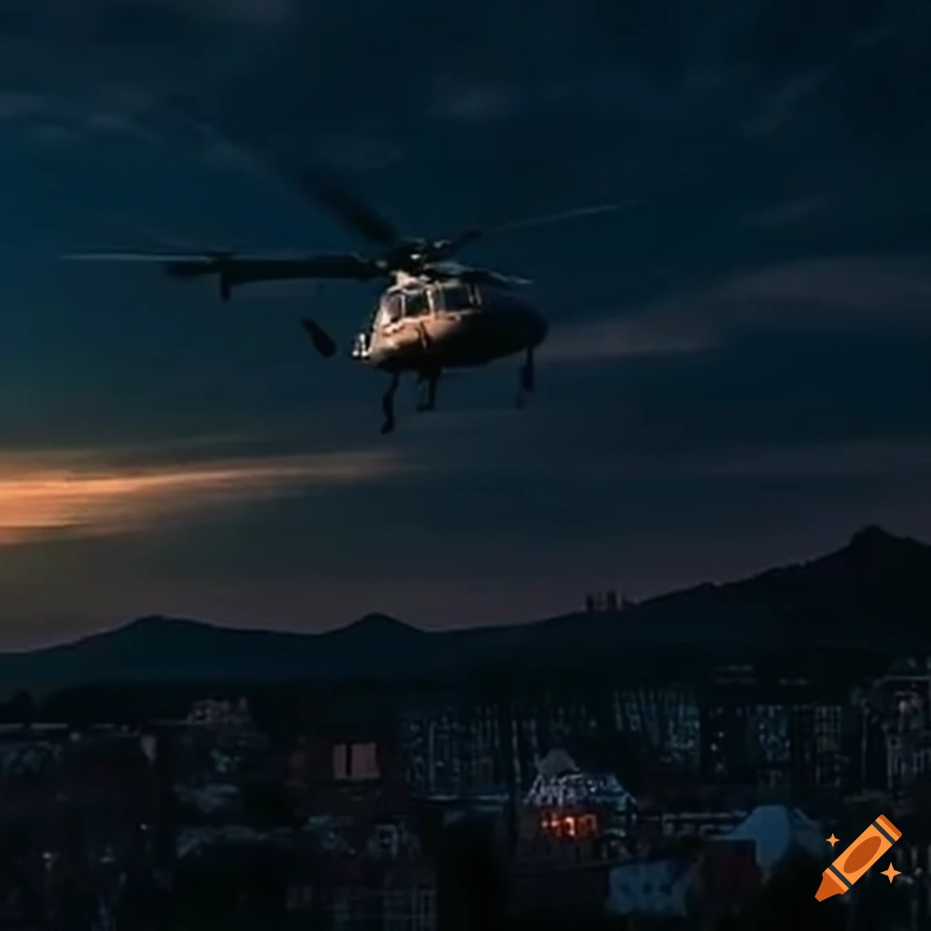helicopter searching for prisoners in a town