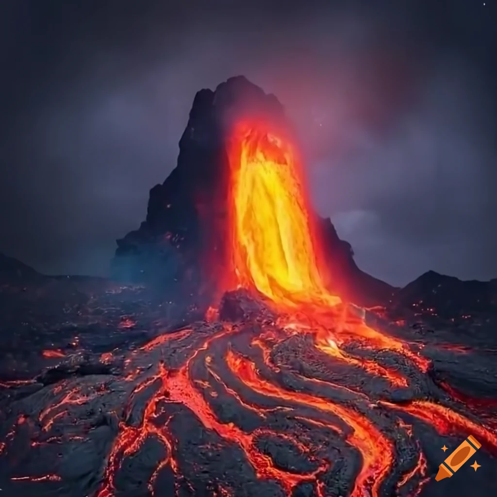image of a volcano with a tower and flaming eye