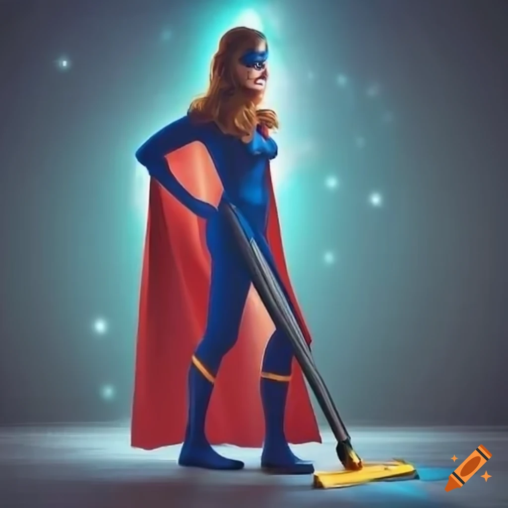 powerful female superhero vacuuming with a cape