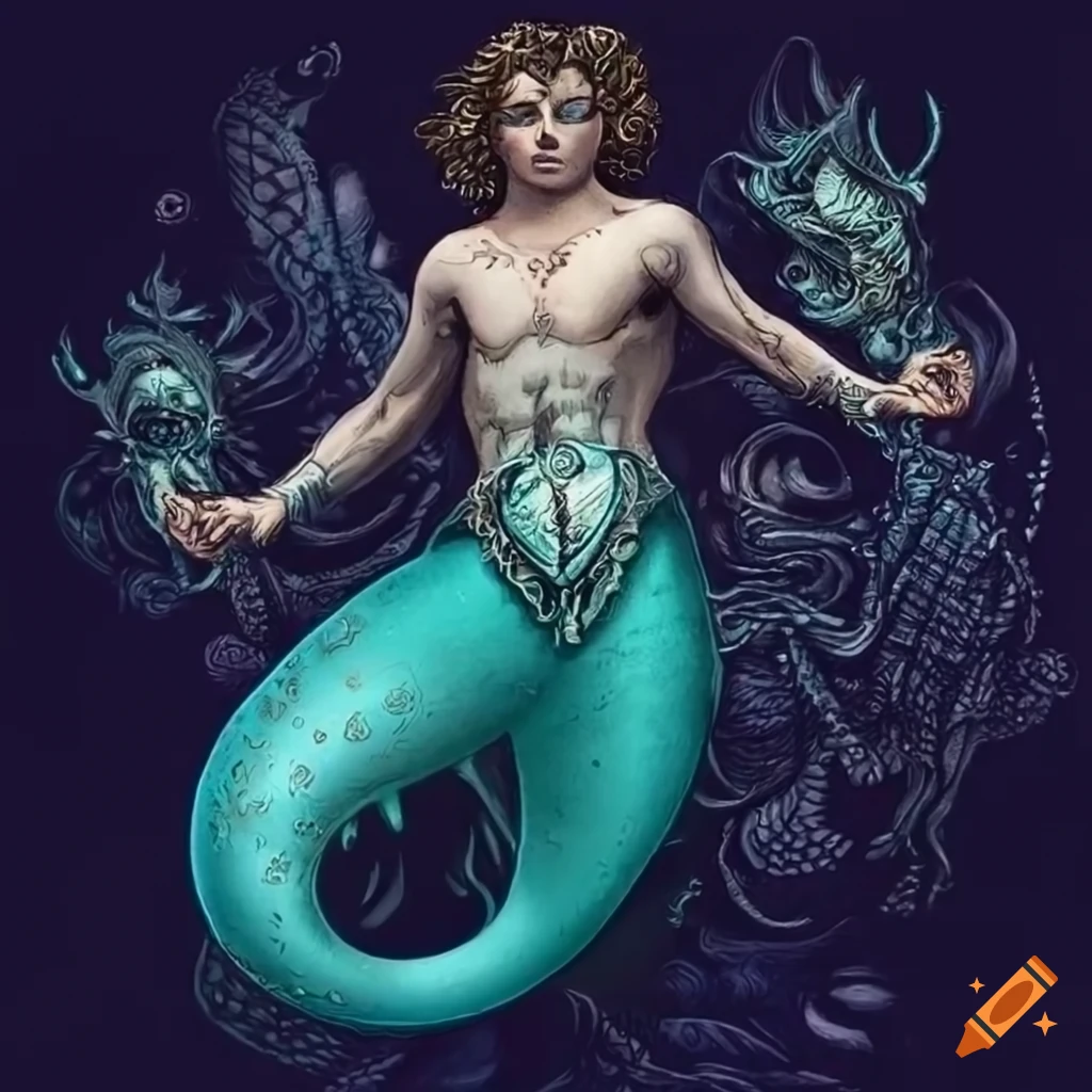 detailed etching of a fashionable merman