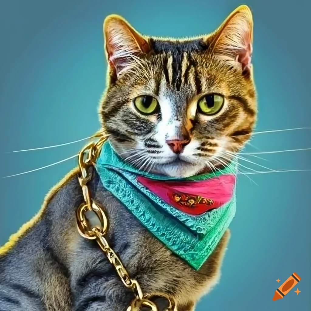 Cat wearing a bandana and gold chains on Craiyon