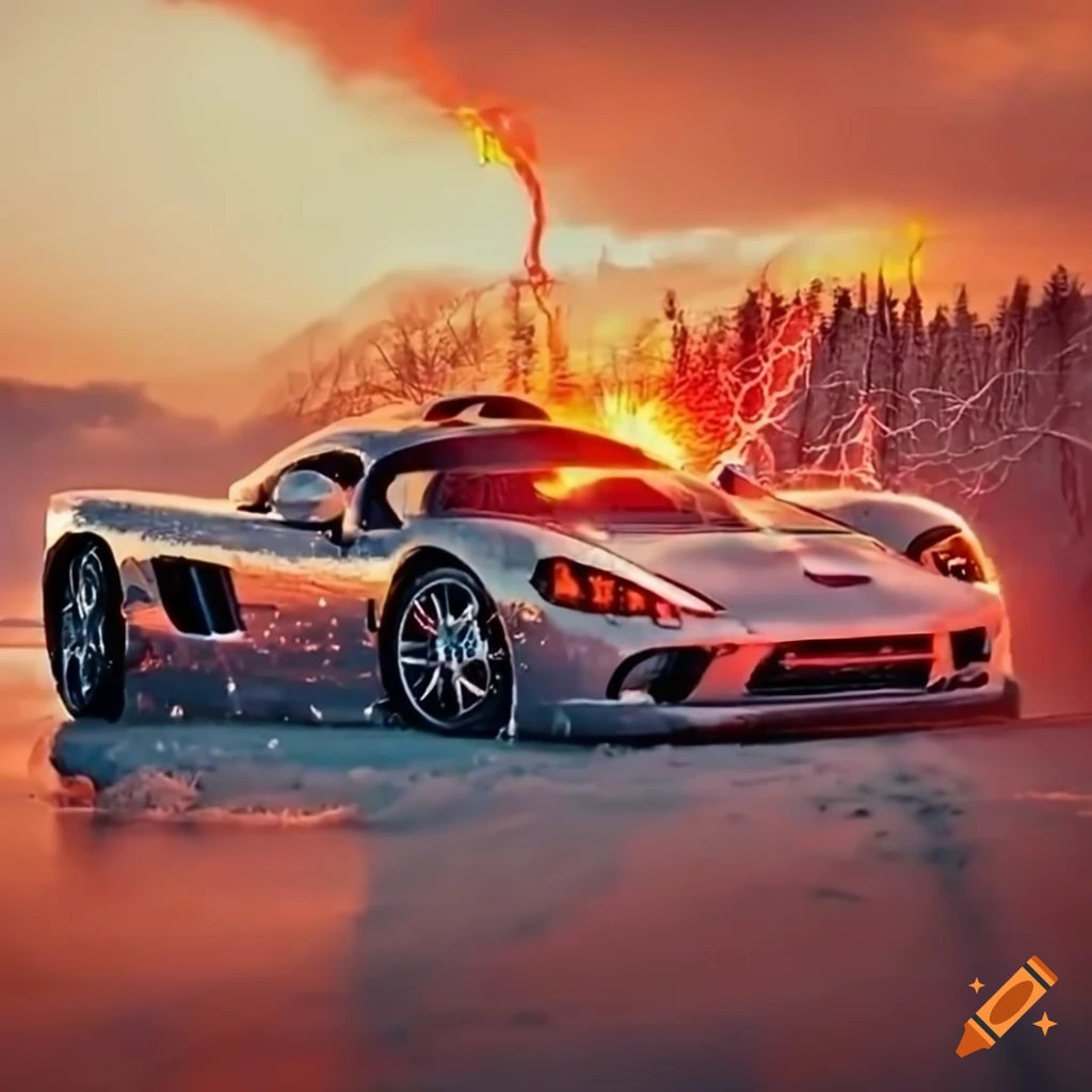 Car driving in the snow at sunset with lightning