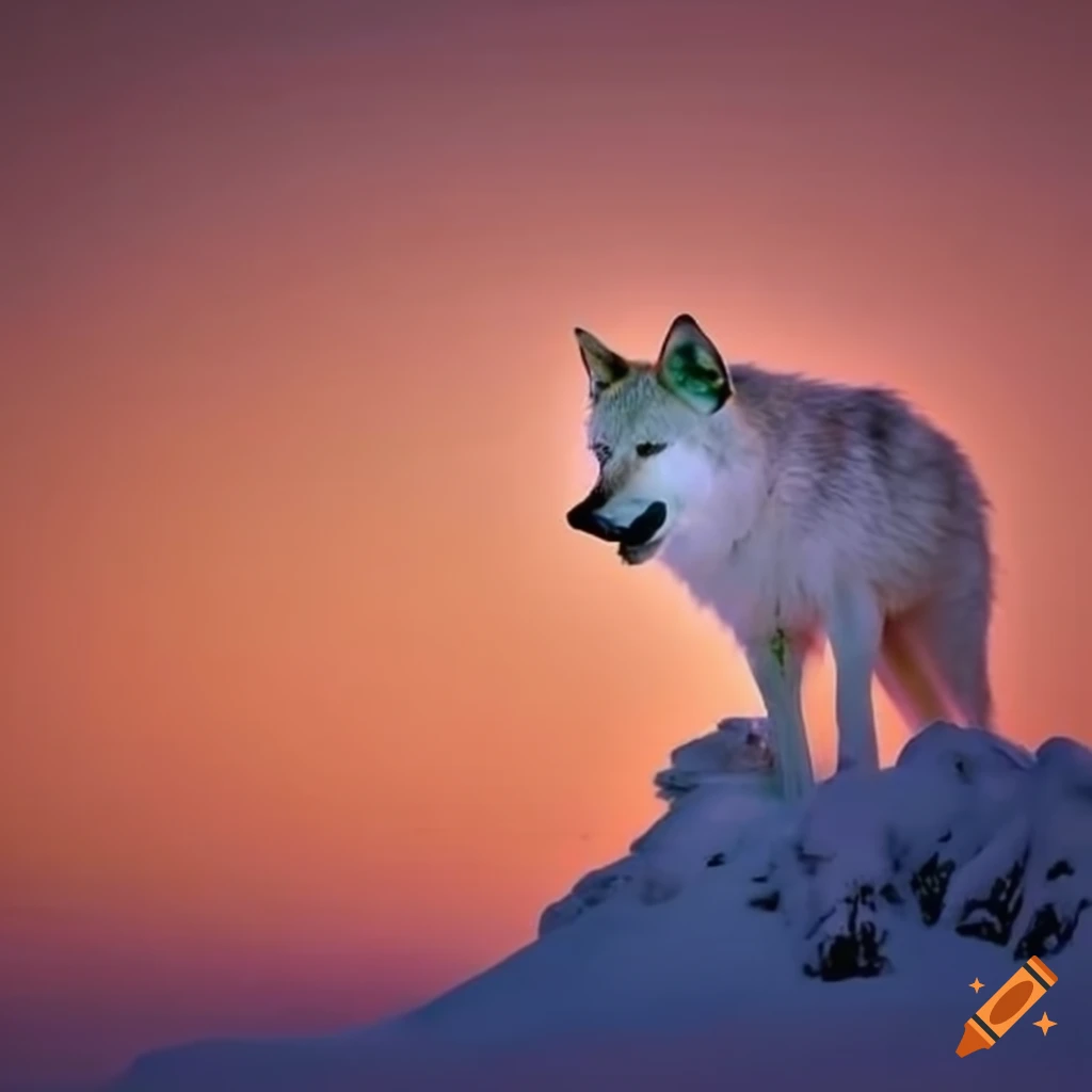 image of a white wolf under a sunset sky