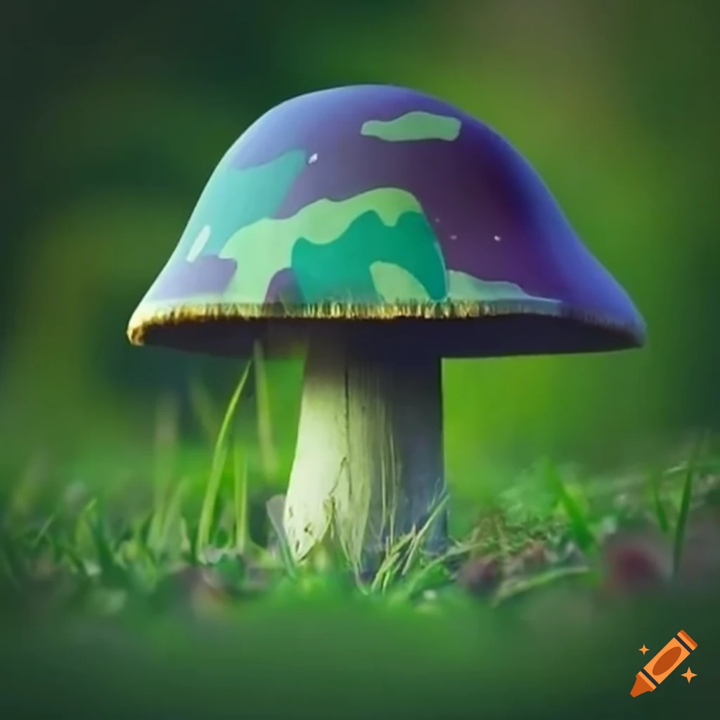 Camouflage mushroom with soldier's helmet on grass