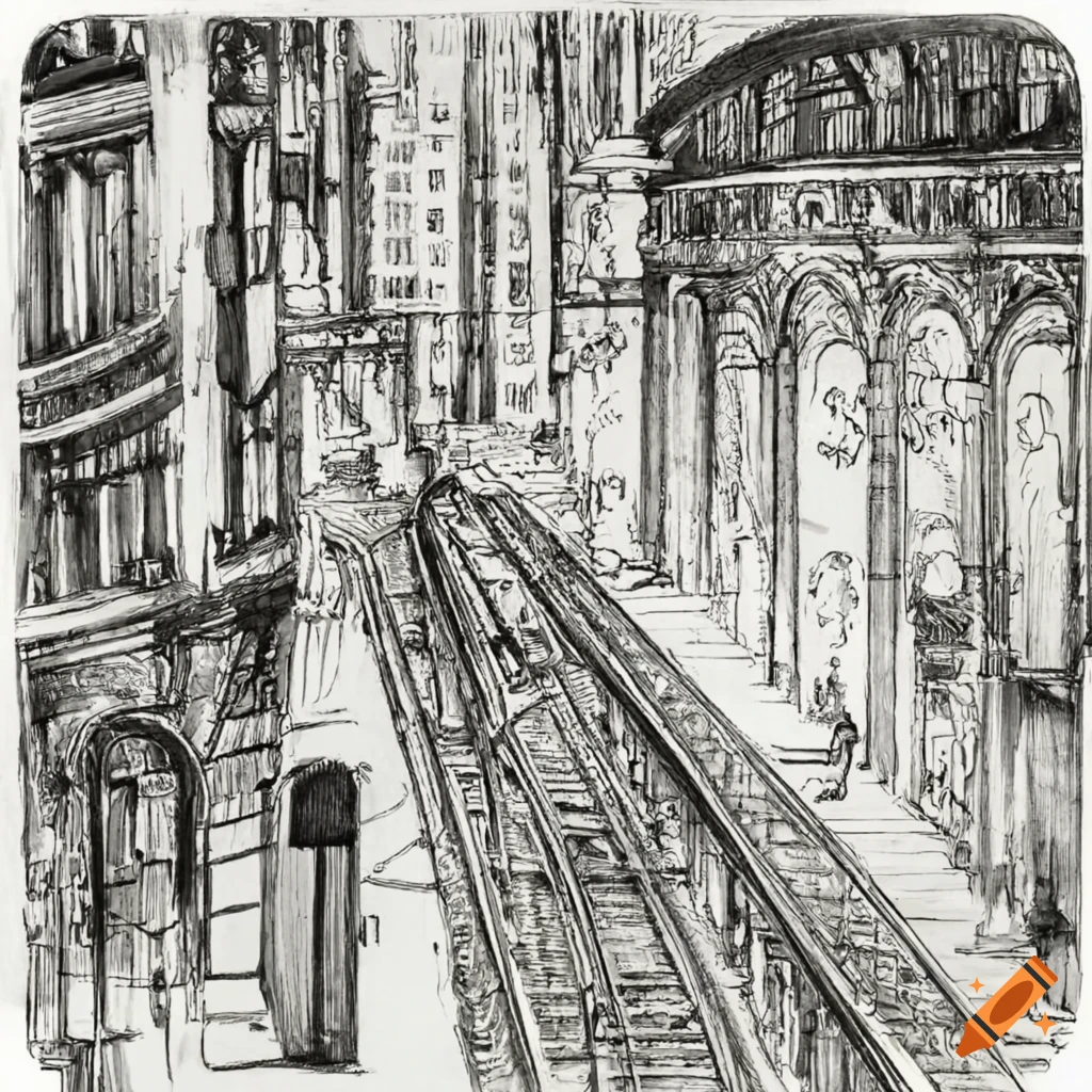 Aubrey Beardsley inspired artwork of a New York City subway station