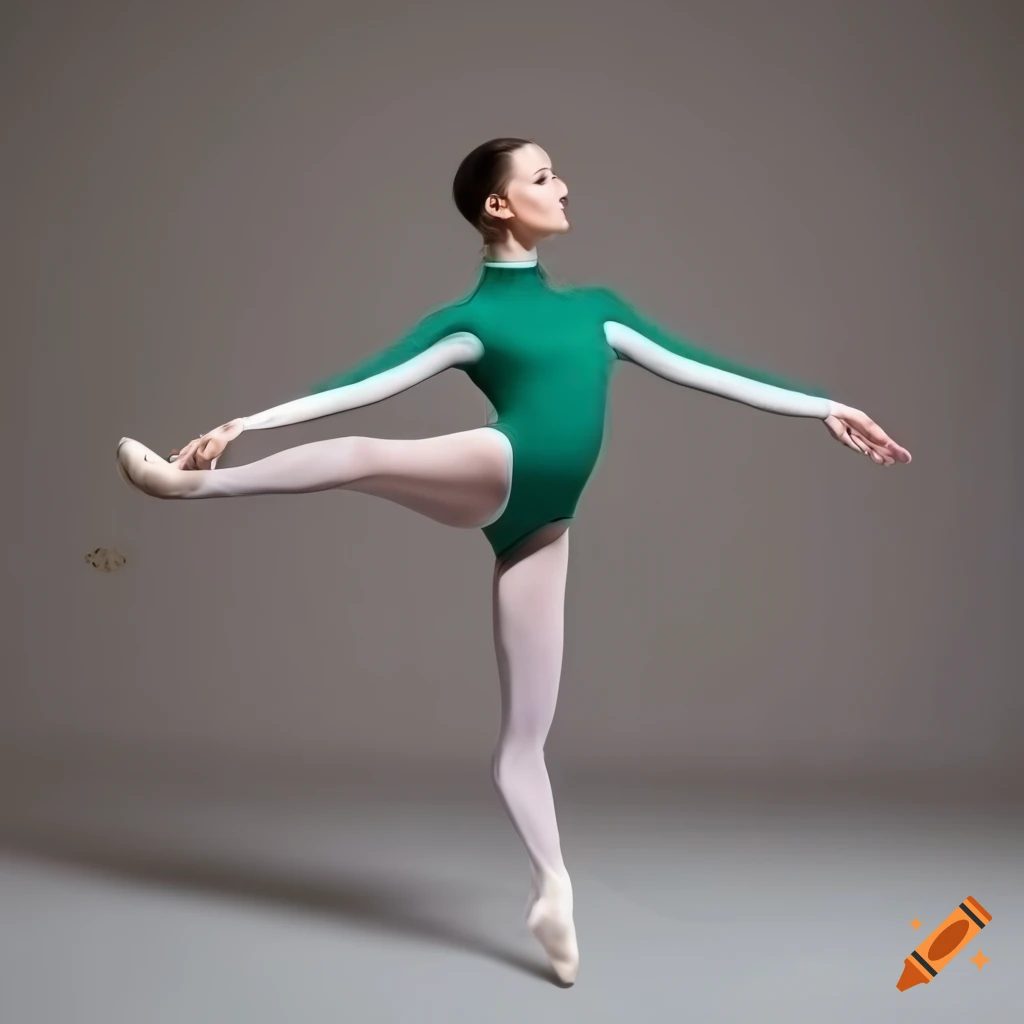 Brunette dancer in green leotard and tights in ballet class on Craiyon