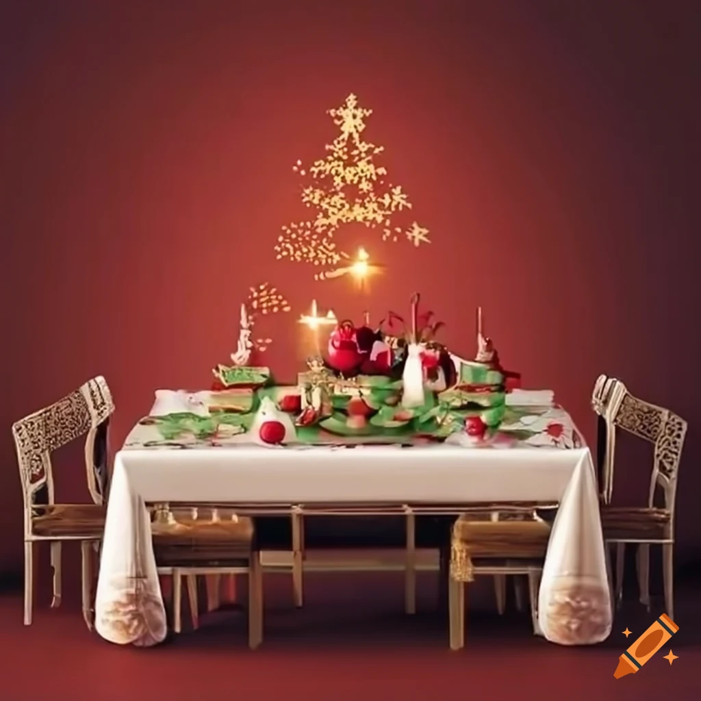 festive Christmas table with decorations and chairs