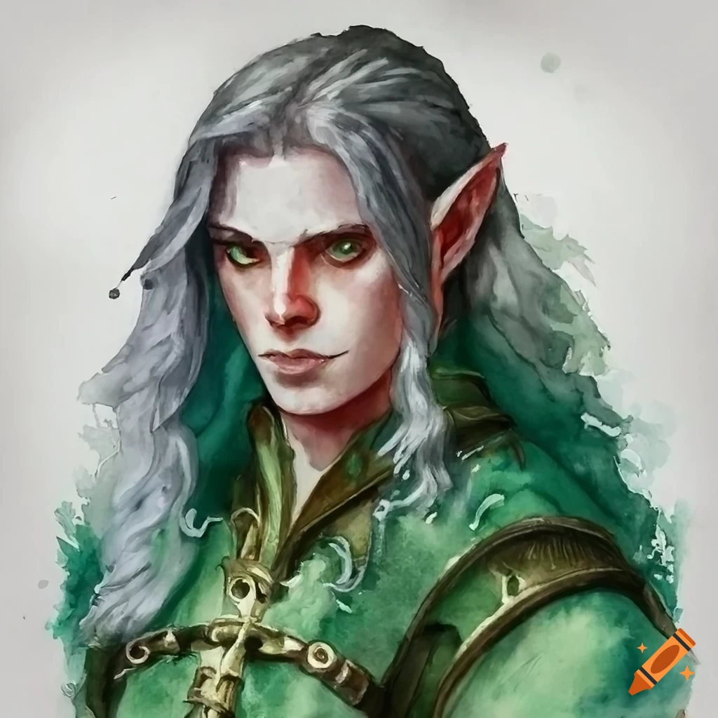 Painting of a male half-elf with silver hair and green robes on Craiyon