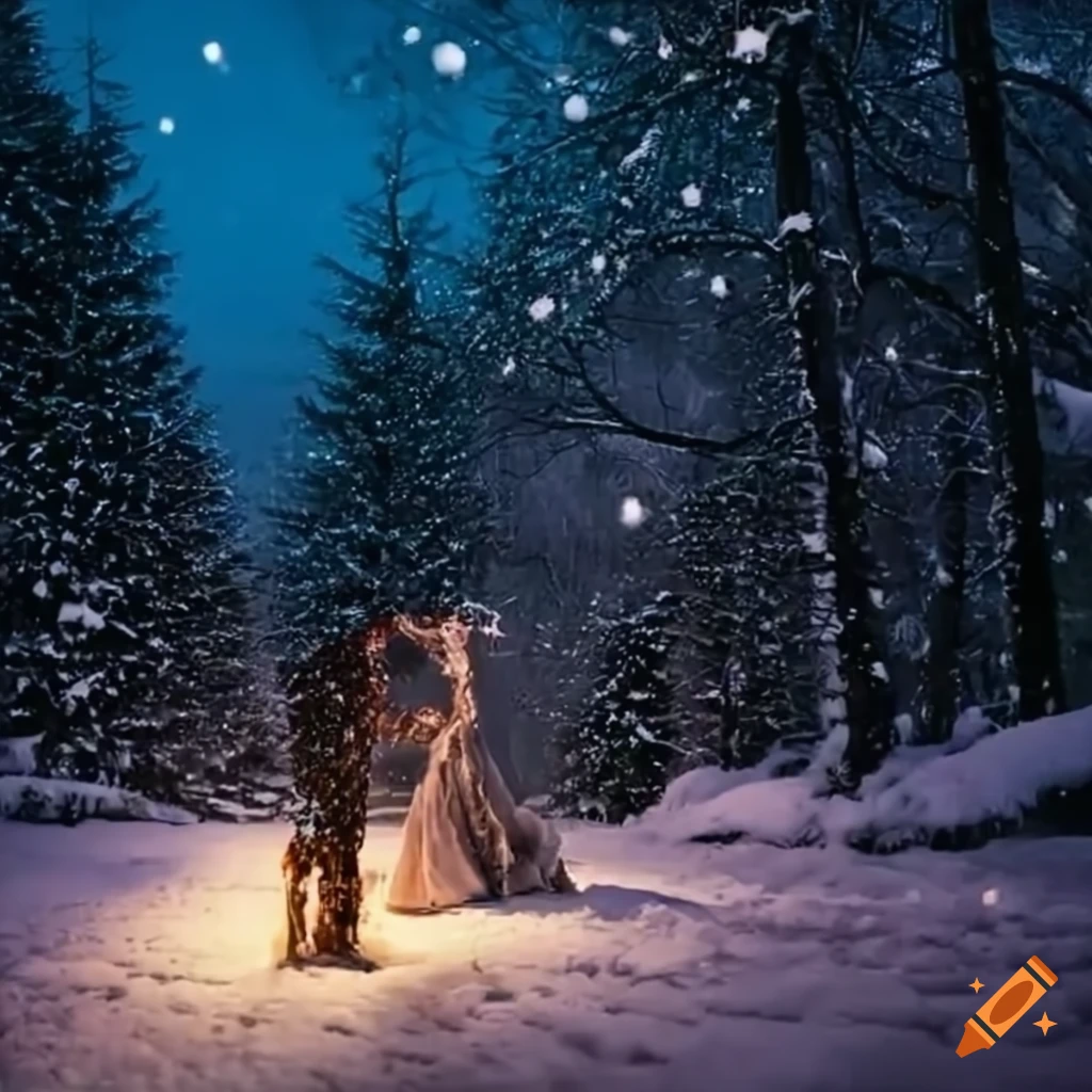 cozy and romantic Christmas ambiance with falling snow