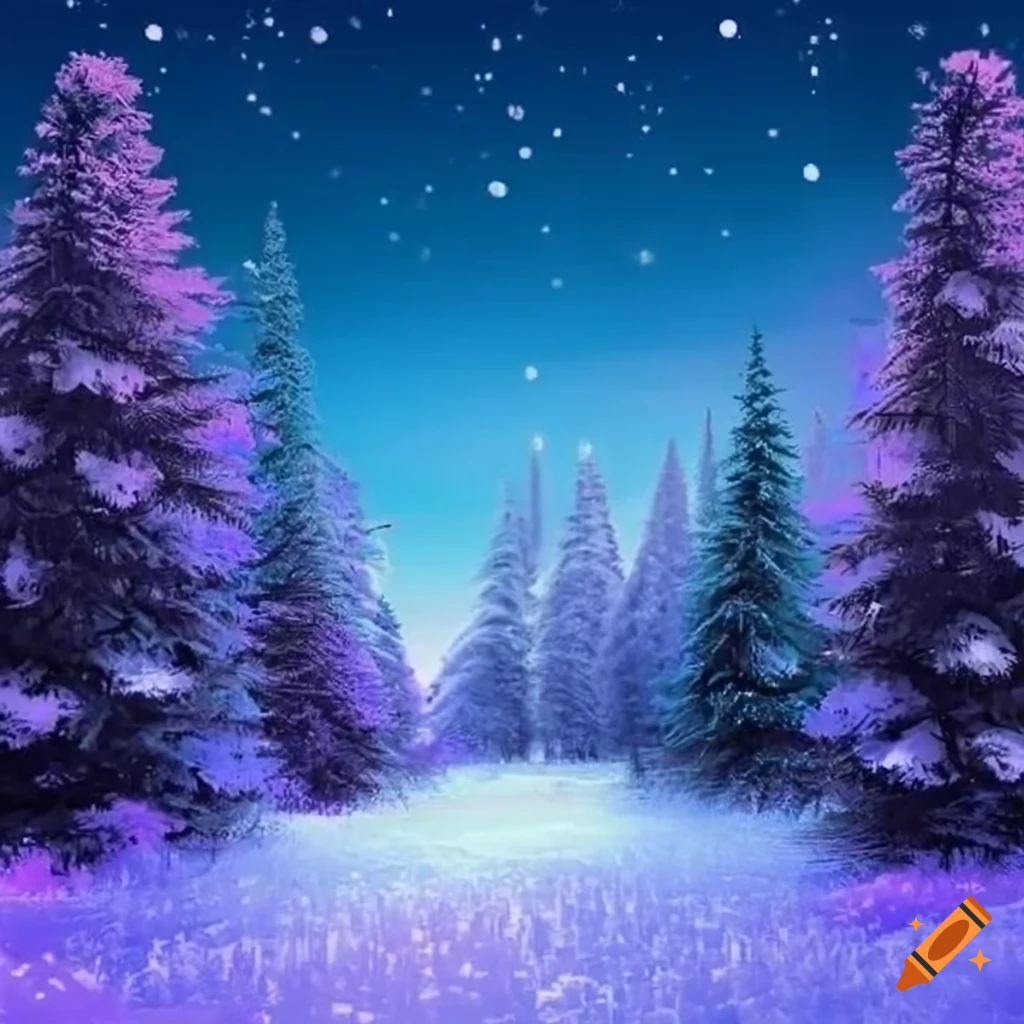 paisaje navideño con pinos en tonos rosas y azules
