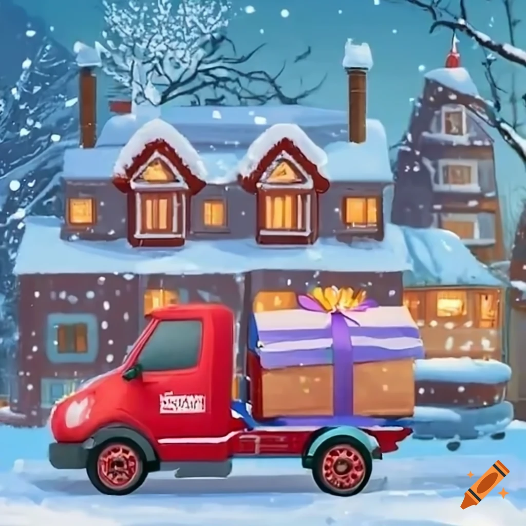 delivery truck driving through a winter village