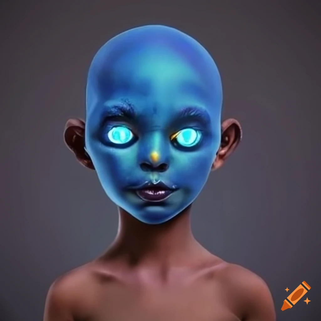 Artistic depiction of an indigo-skinned child with glowing yellow eyes