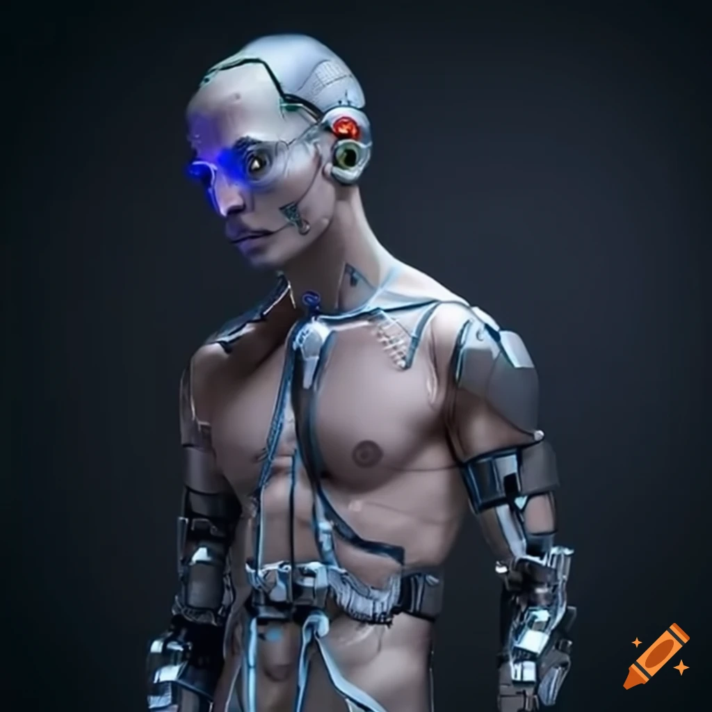 futuristic male cyborg in transparent attire