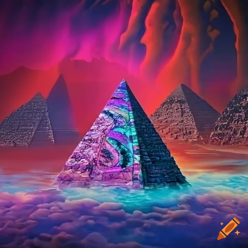 Abstract artwork featuring 3 colorful pyramids on Craiyon