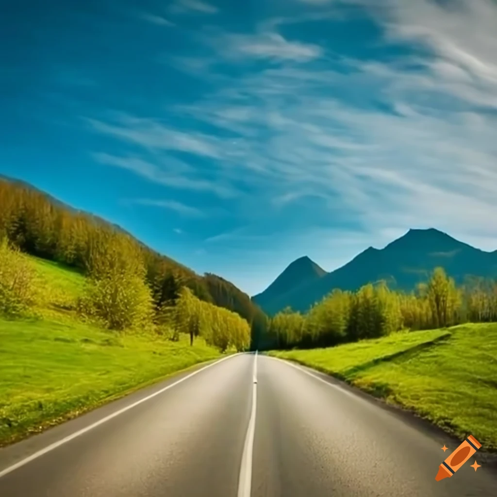 Spring mountain road leading into scenic view on Craiyon