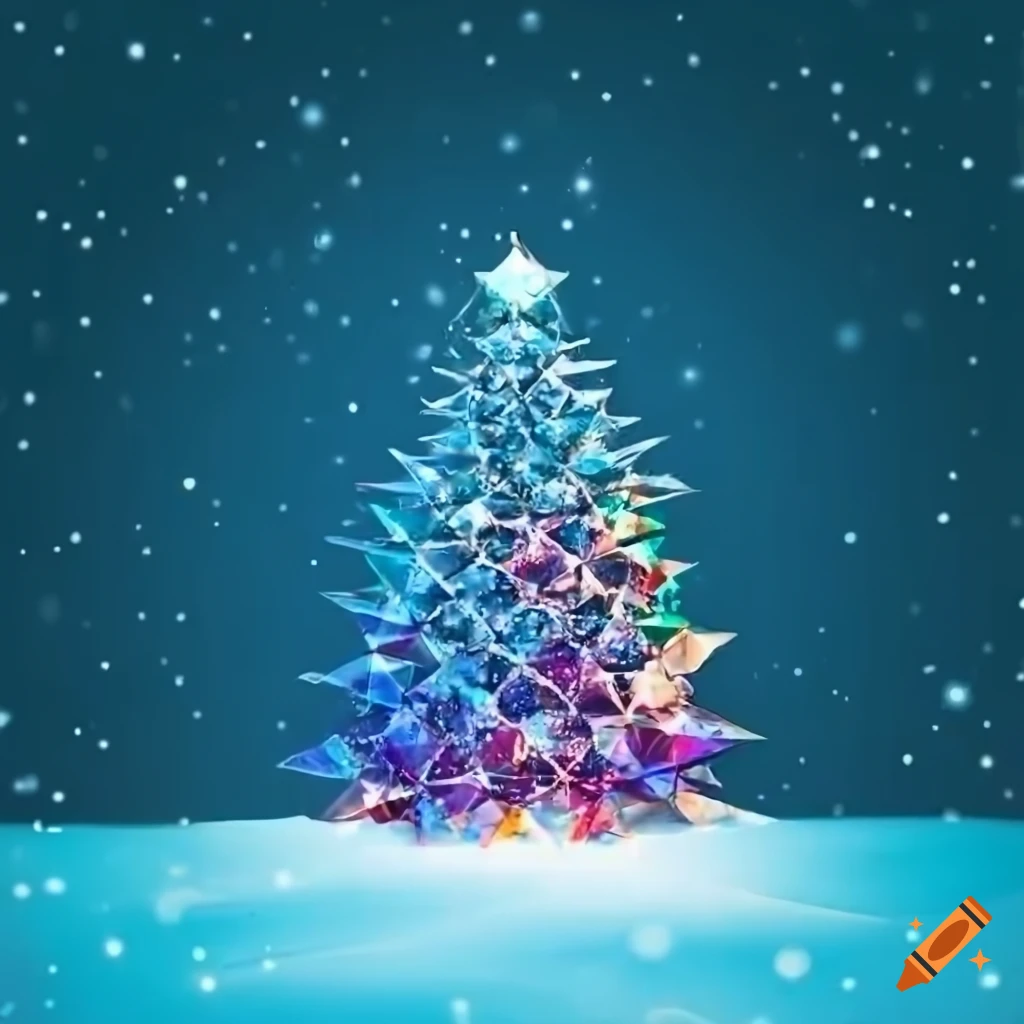 Christmas card with snowy background and a decorated tree