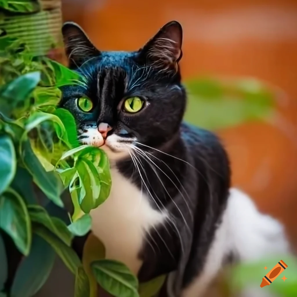 tuxedo cat sitting by potted plants in a Spanish courtyard
