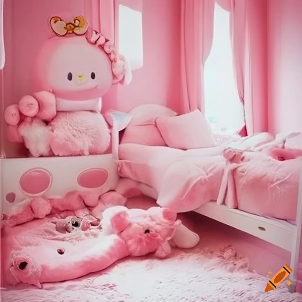 Pink and white bedroom with a hello kitty plushie on Craiyon