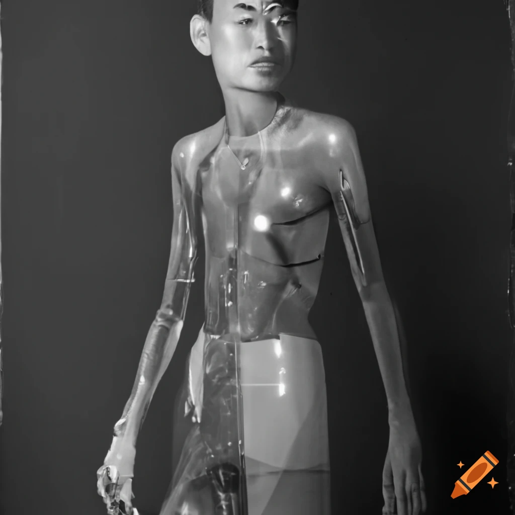 black and white photo of a Japanese male cyborg scientist