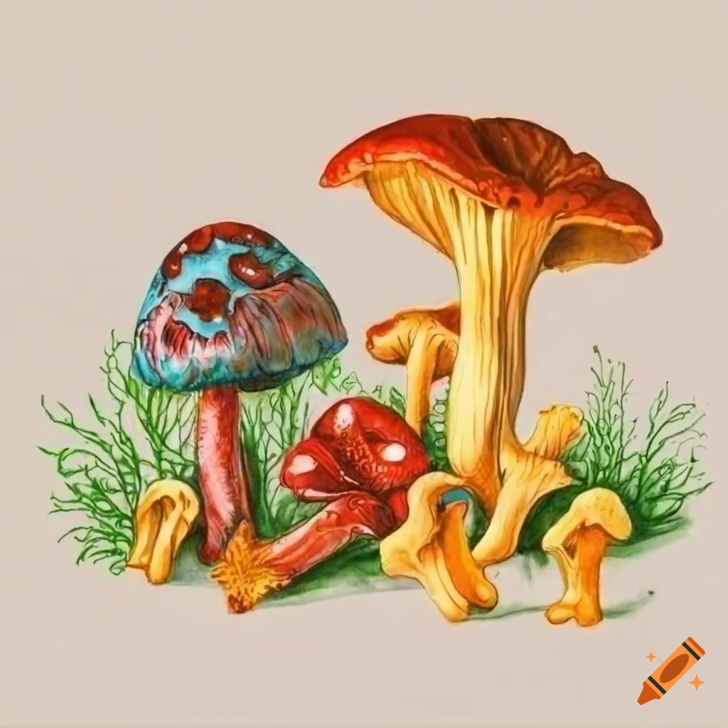 scientific drawing of wild mushrooms on a white background