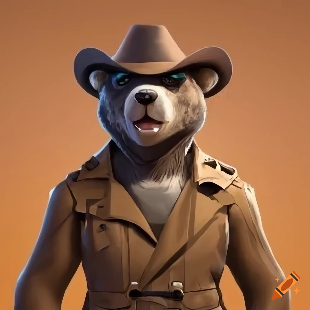 Illustration of a bear wearing a coat and body armor on Craiyon