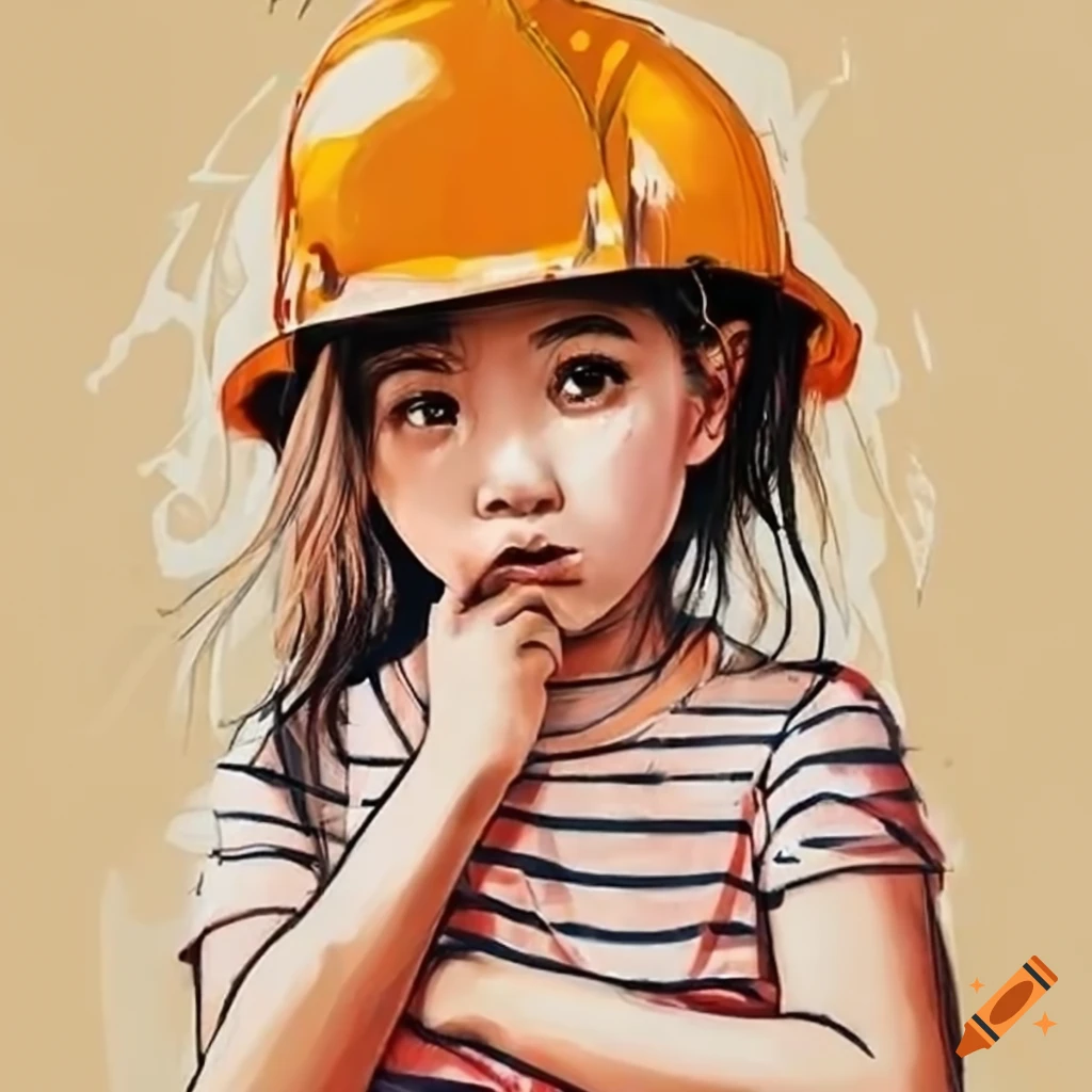 asian 4-year-old girl wearing a construction helmet