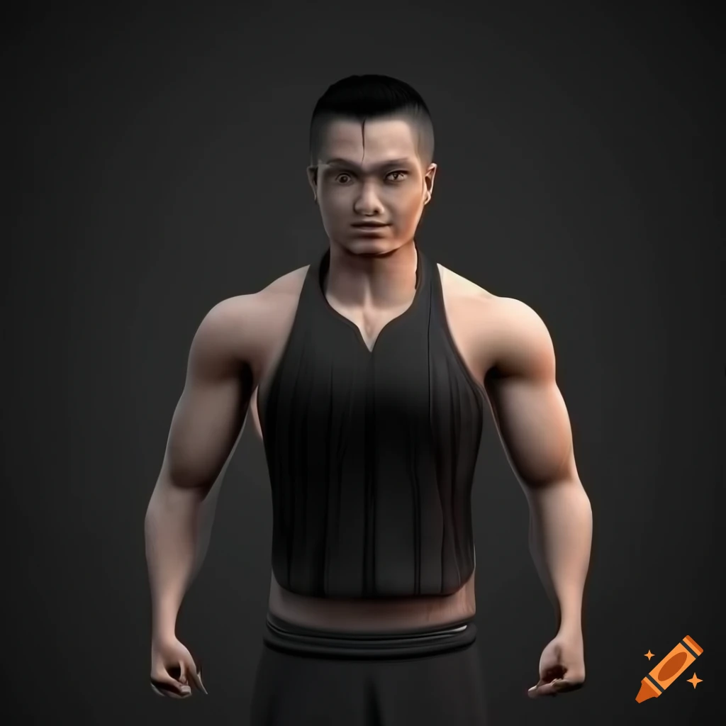 3D render of a fit Javanese man flexing muscles on Craiyon