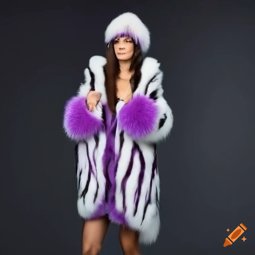 Fluffy white and purple zebra print fur coat on Craiyon